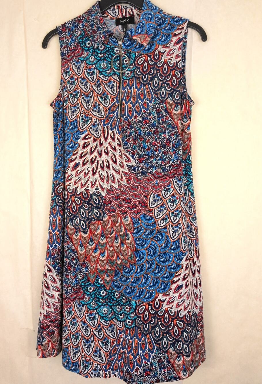 MSK blue peacock print textured sheath dress Size Small Retro Boho Mod Colorful